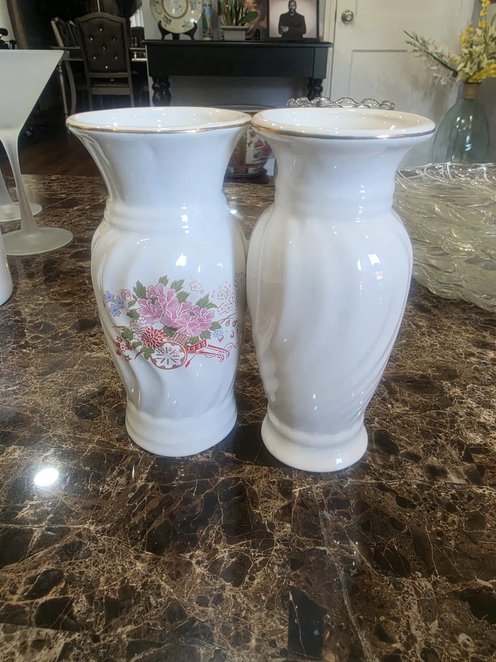 Source Unknown White Porcelain Vases with Pink Floral Cartwheel Motif